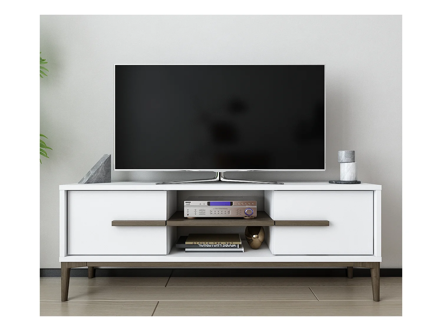 Meuble TV Eslem de 120 cm avec armoires abattant et étagères ouvertes (Blanc et noyer)