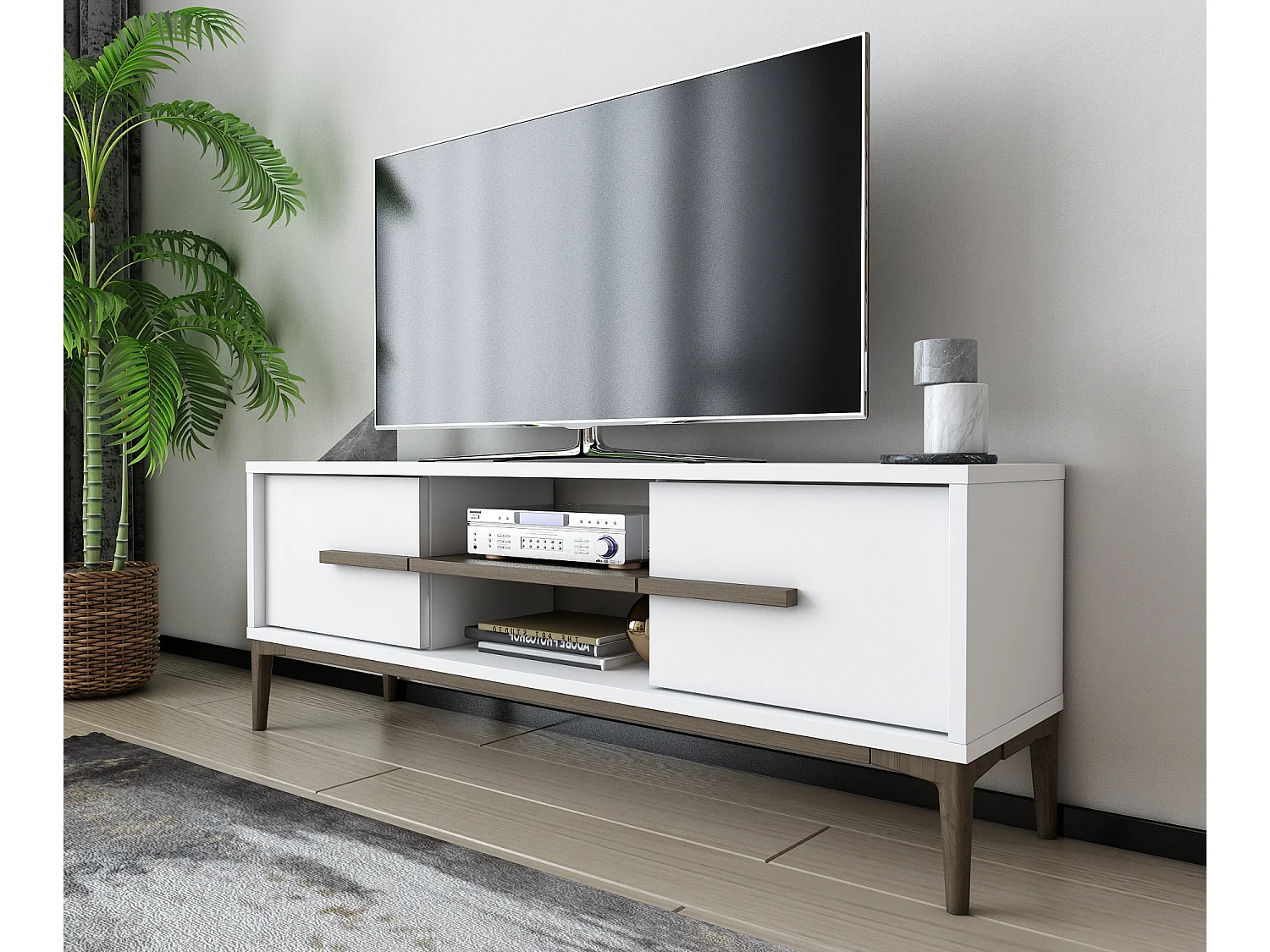 Meuble TV Eslem de 120 cm avec armoires abattant et étagères ouvertes (Blanc et noyer)