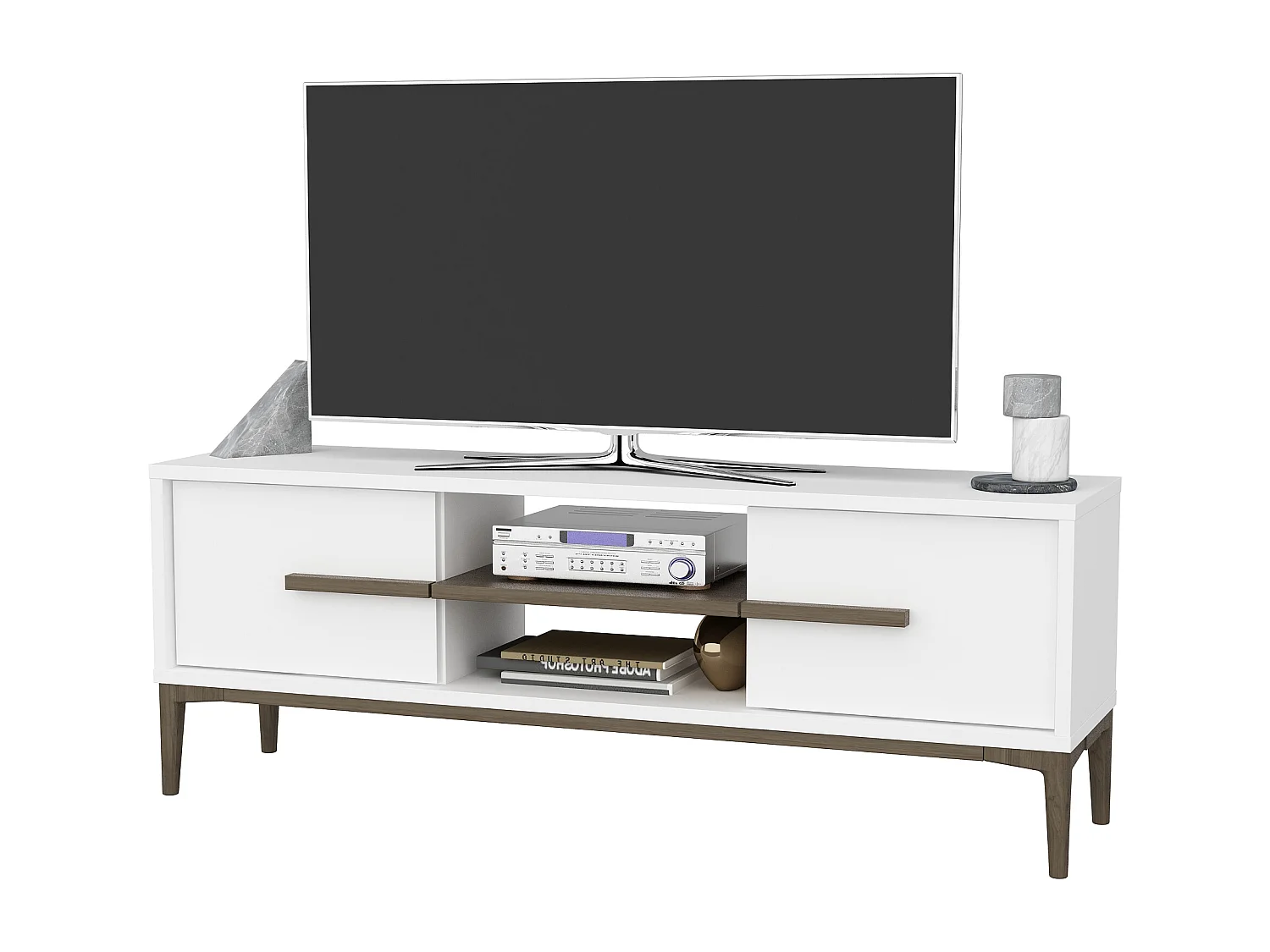 Meuble TV Eslem de 120 cm avec armoires abattant et étagères ouvertes (Blanc et noyer)