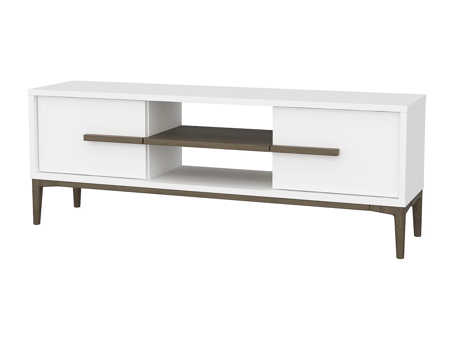 Meuble TV Eslem de 120 cm avec armoires abattant et étagères ouvertes (Blanc et noyer)