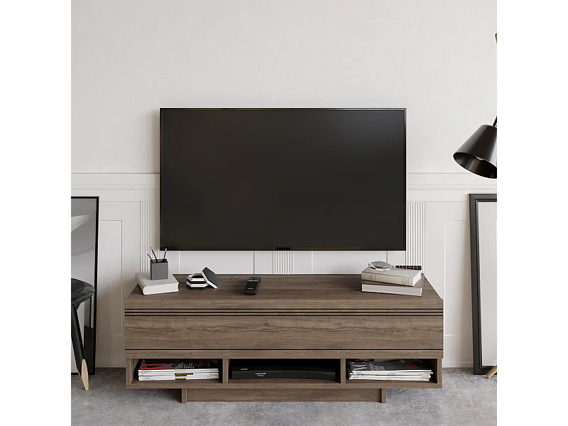 Meuble TV Celestia de 120 cm Placard Abattant Etagères ouvertes