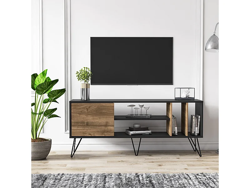 Meuble TV Mistico de 140 cm avec étagères ouvertes et armoire avec le pied en métal (Noir et Noyer)