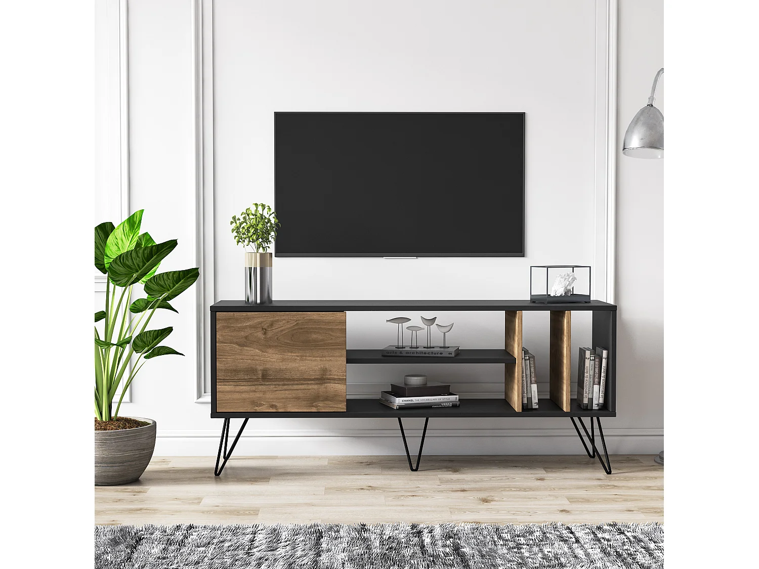 Meuble TV Mistico de 140 cm avec étagères ouvertes et armoire avec le pied en métal (Noir et Noyer)