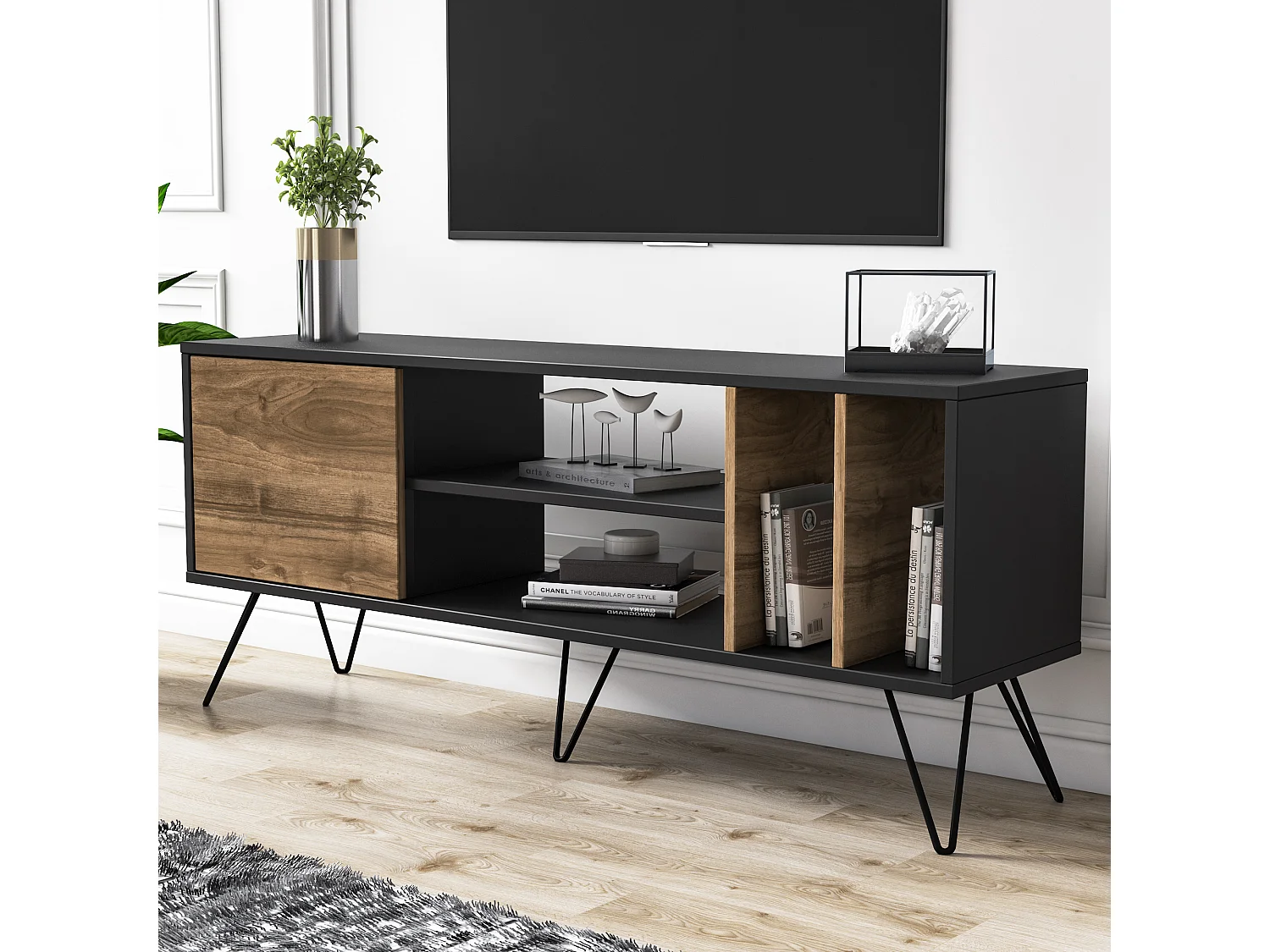 Meuble TV Mistico de 140 cm avec étagères ouvertes et armoire avec le pied en métal (Noir et Noyer)