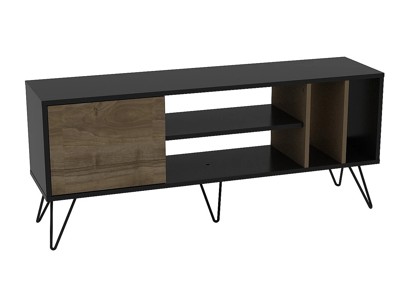 Meuble TV Mistico de 140 cm avec étagères ouvertes et armoire avec le pied en métal (Noir et Noyer)