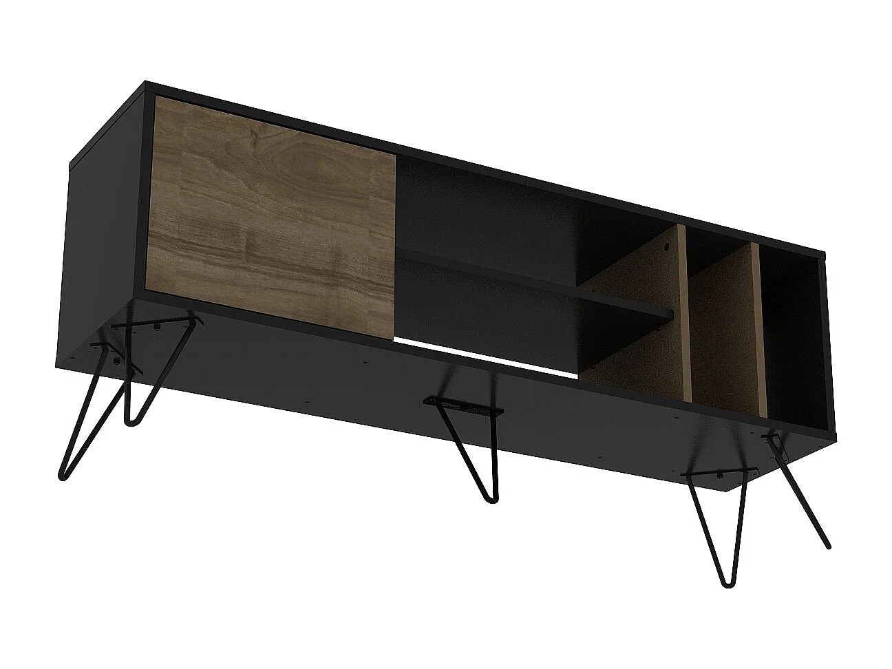 Meuble TV Mistico de 140 cm avec étagères ouvertes et armoire avec le pied en métal (Noir et Noyer)