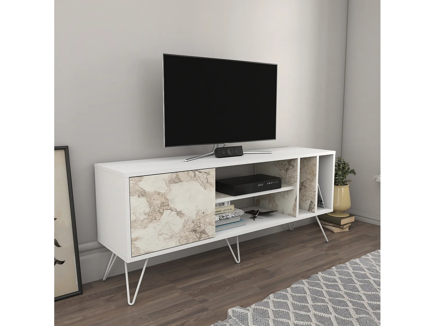 Meuble TV Mistico de 140 cm avec étagères ouvertes et armoire (Blanc et Effet marbre blanc)