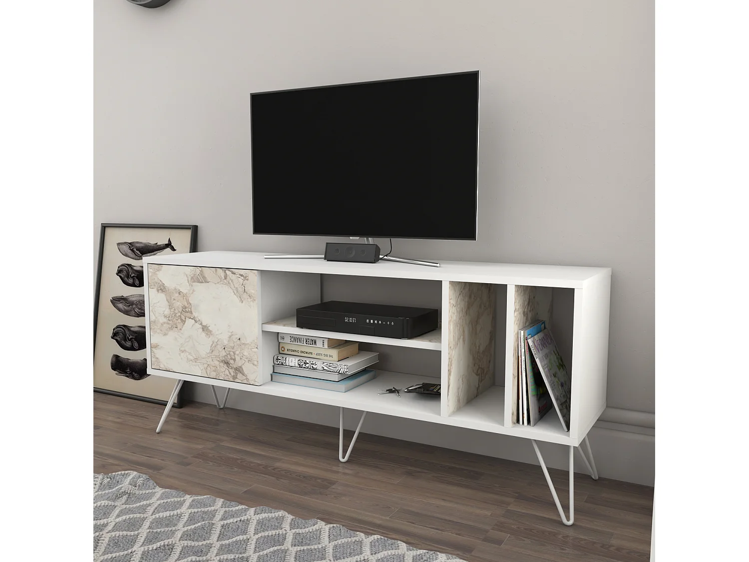 Meuble TV Mistico de 140 cm avec étagères ouvertes et armoire (Blanc et Effet marbre blanc)