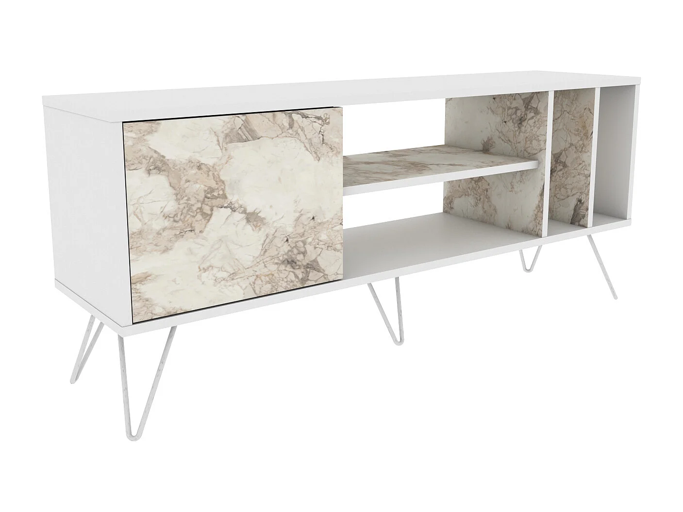 Meuble TV Mistico de 140 cm avec étagères ouvertes et armoire (Blanc et Effet marbre blanc)