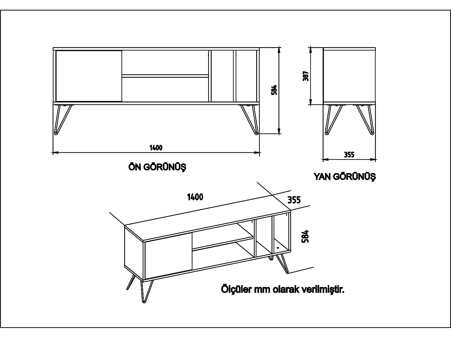 Meuble TV Mistico de 140 cm avec étagères ouvertes et armoire (Blanc et Effet marbre blanc)