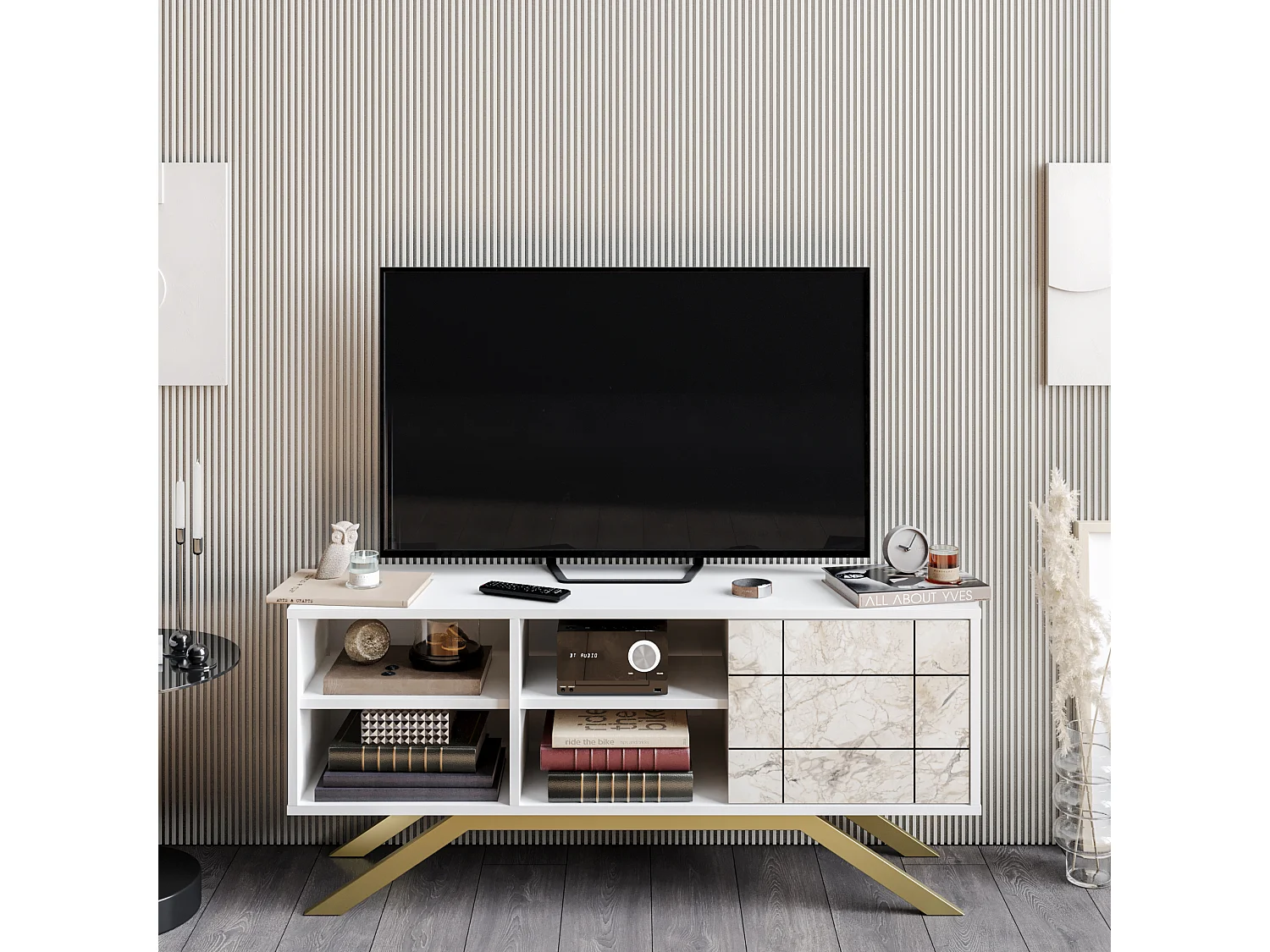 Meuble TV North 130 cm avec cabinet et étagès, pieds en métal (Blanc, Effet marbre blanc et Doré)