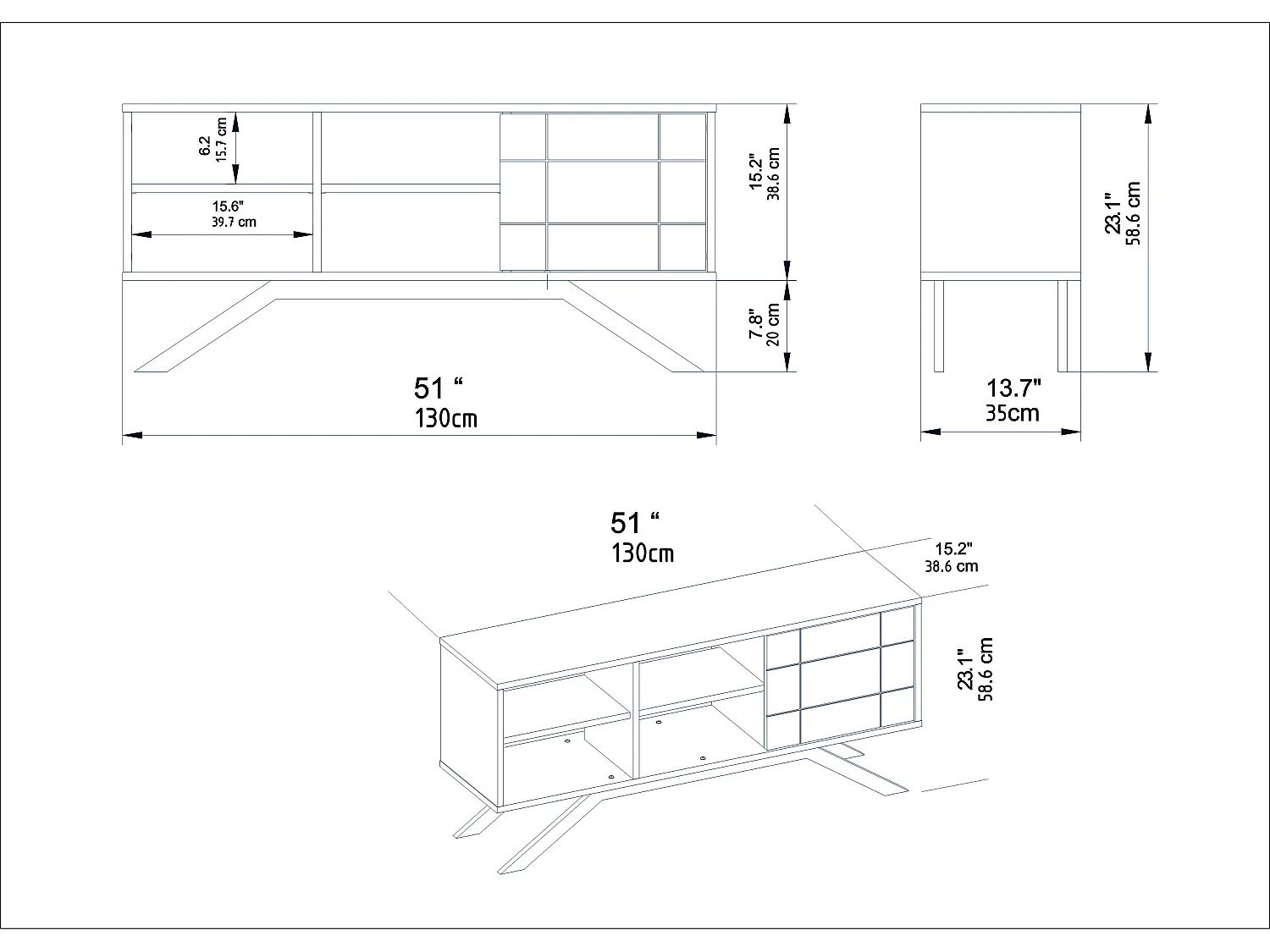 Meuble TV North 130 cm avec cabinet et étagès, pieds en métal (Blanc, Effet marbre blanc et Doré)