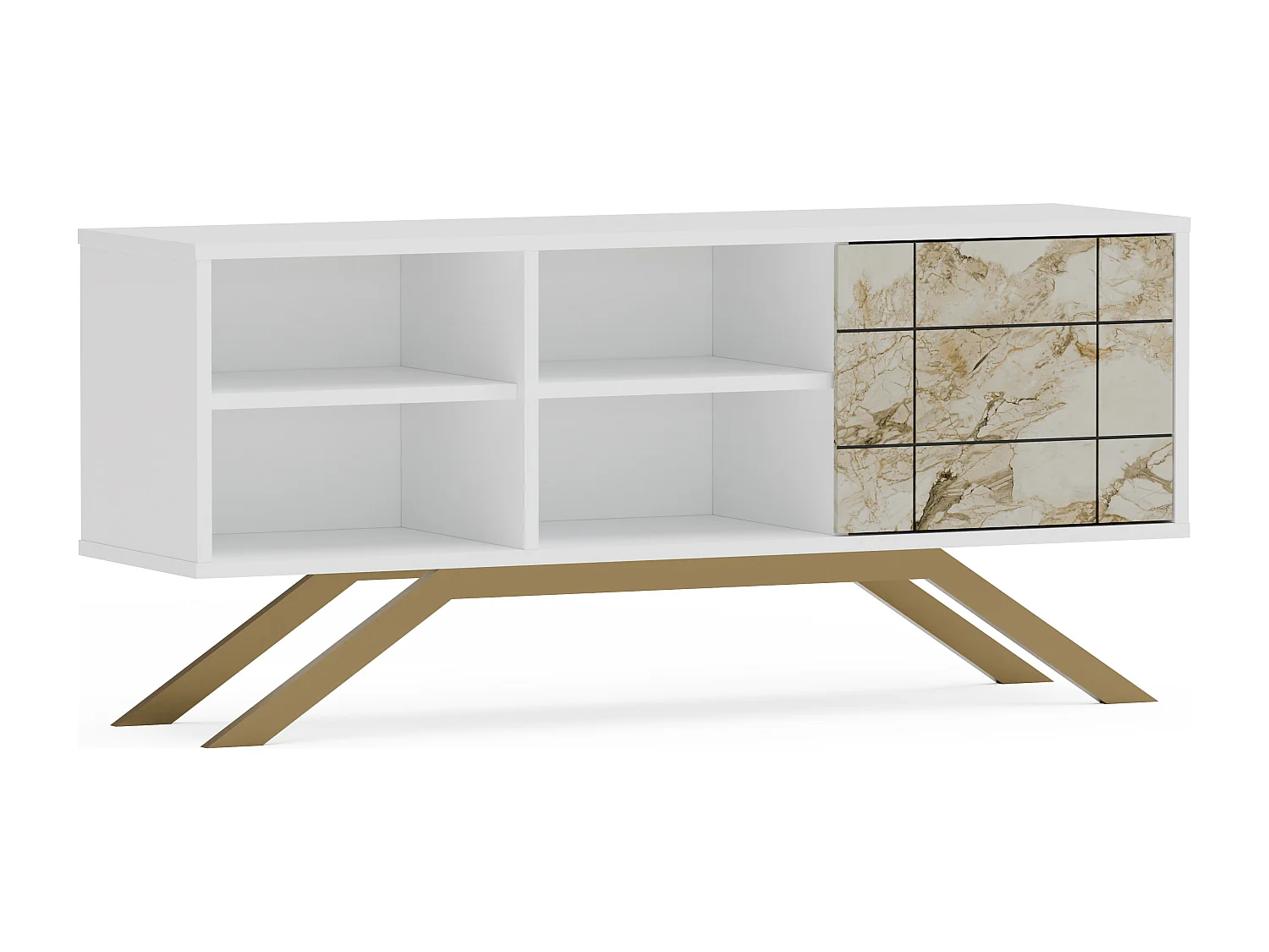 Meuble TV North 130 cm avec cabinet et étagès, pieds en métal (Blanc, Effet marbre blanc et Doré)