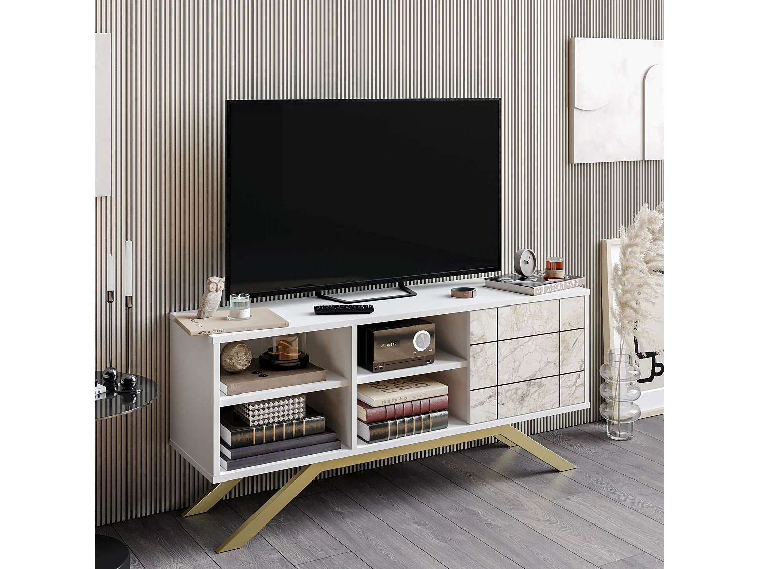 Meuble TV North 130 cm avec cabinet et étagès, pieds en métal (Blanc, Effet marbre blanc et Doré)