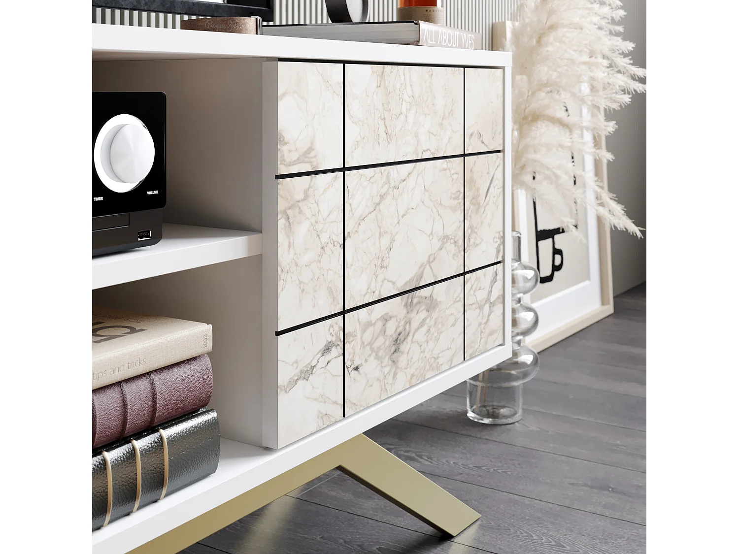 Meuble TV North 130 cm avec cabinet et étagès, pieds en métal (Blanc, Effet marbre blanc et Doré)