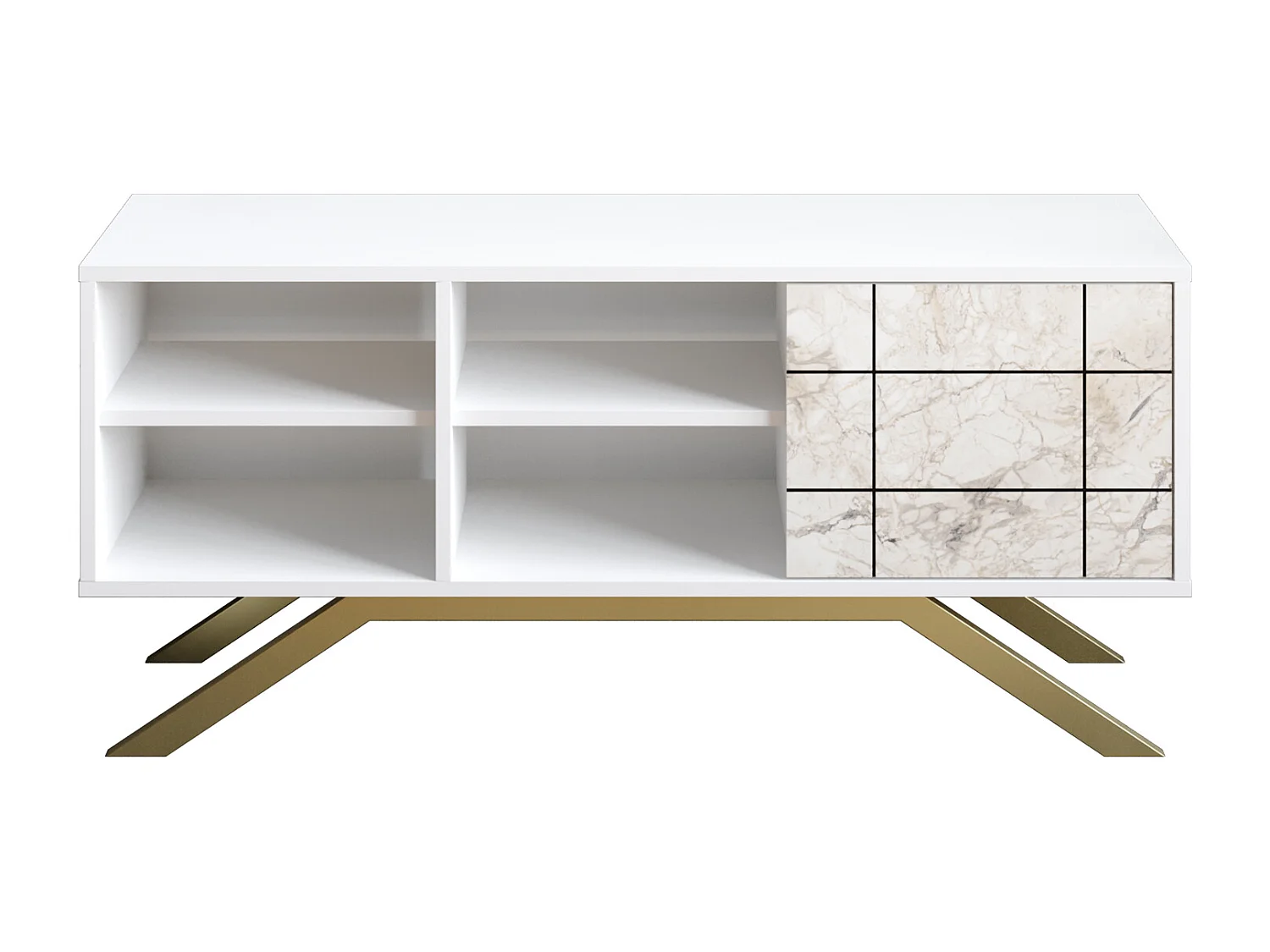 Meuble TV North 130 cm avec cabinet et étagès, pieds en métal (Blanc, Effet marbre blanc et Doré)