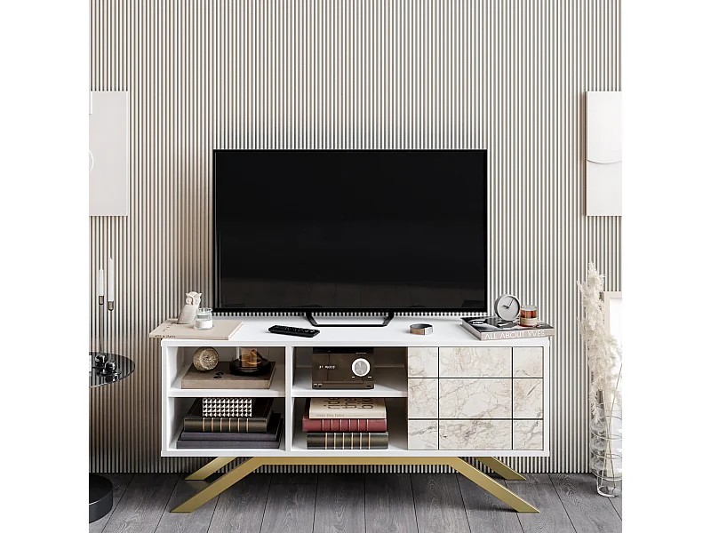 Meuble TV North 130 cm avec cabinet et étagès, pieds en métal (Blanc, Effet marbre blanc et Doré)