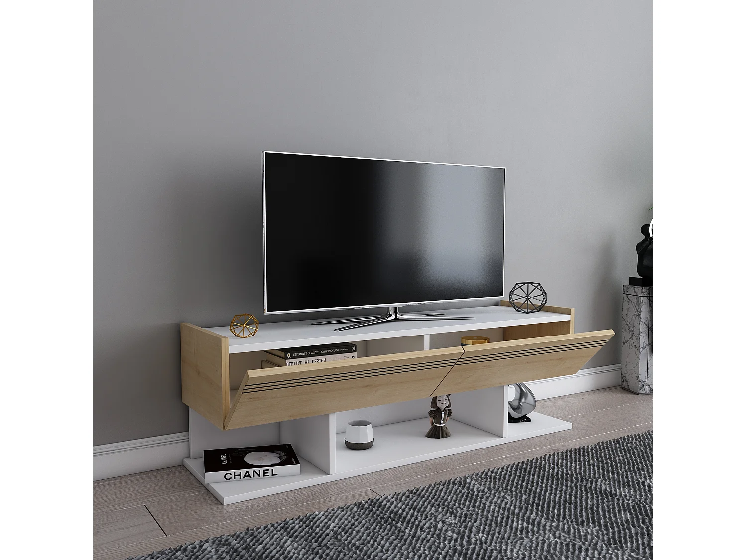 Meuble TV Kase de 120 cm - Armoires abattants (Blanc et Chêne)