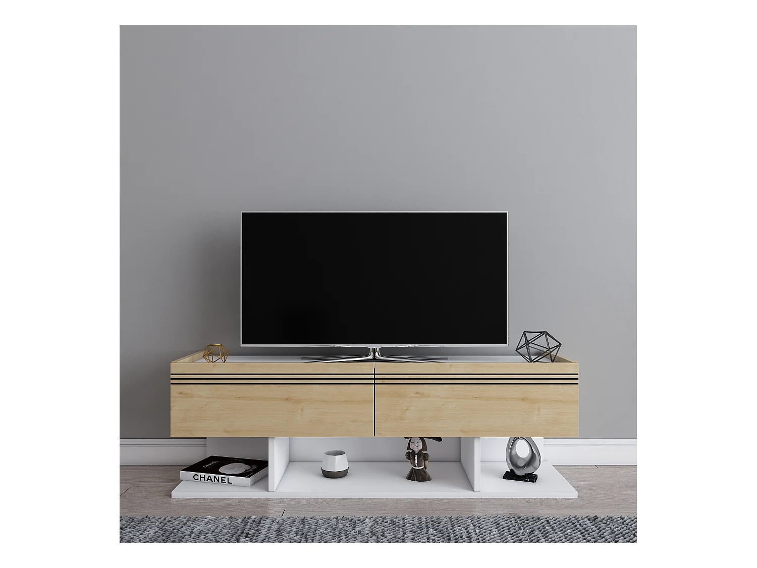 Meuble TV Kase de 120 cm - Armoires abattants (Blanc et Chêne)
