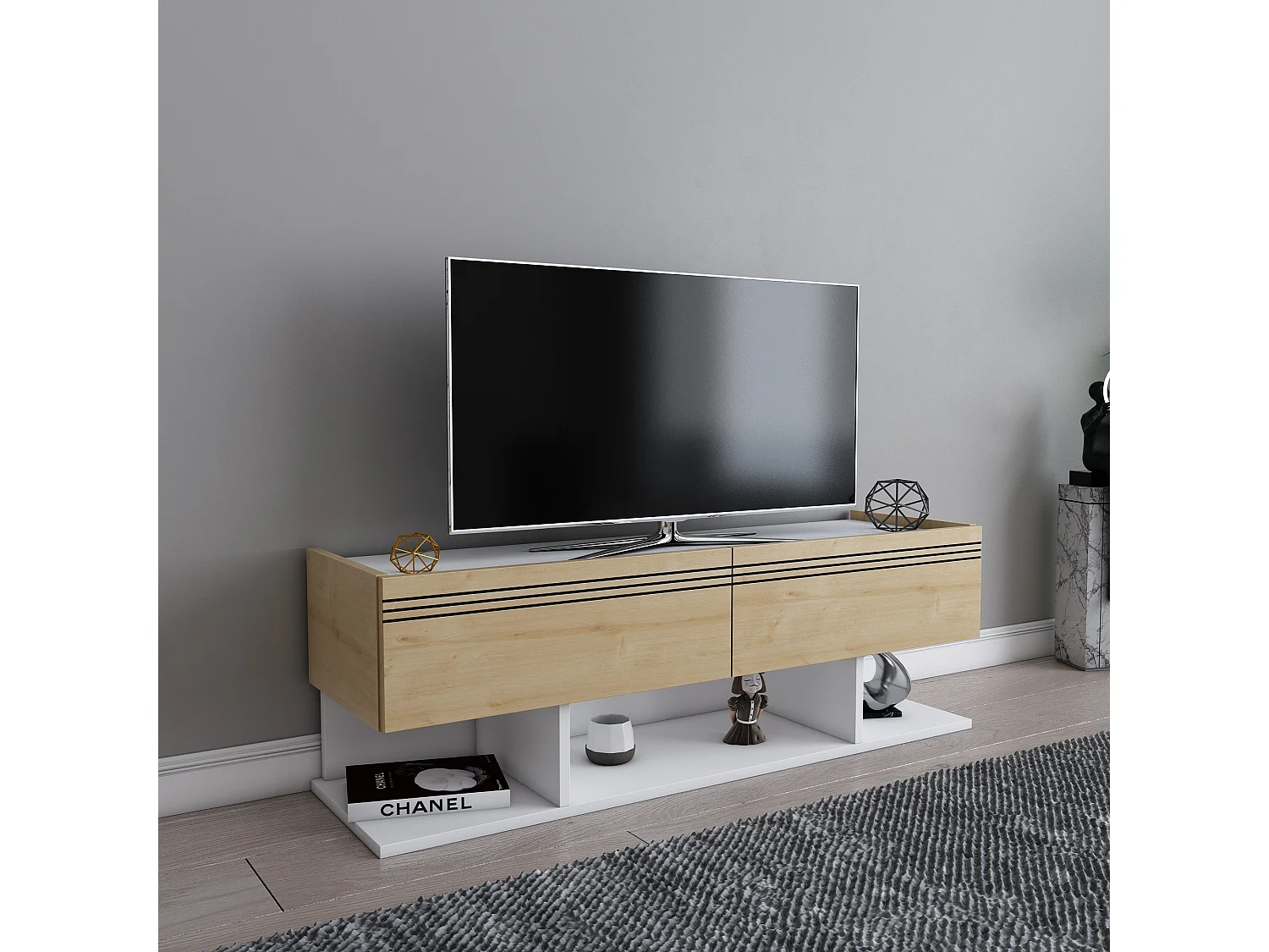 Meuble TV Kase de 120 cm - Armoires abattants (Blanc et Chêne)