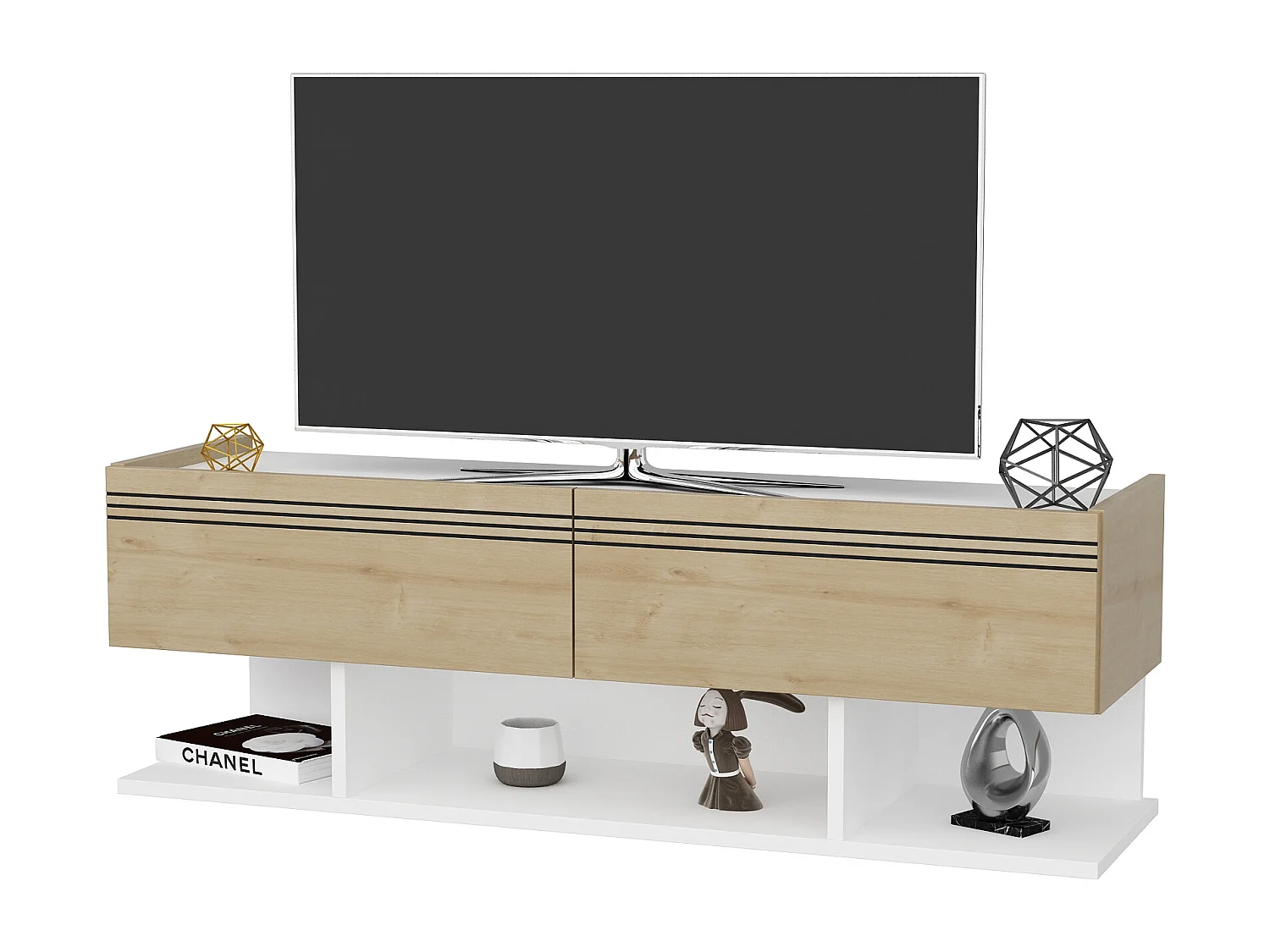 Meuble TV Kase de 120 cm - Armoires abattants (Blanc et Chêne)