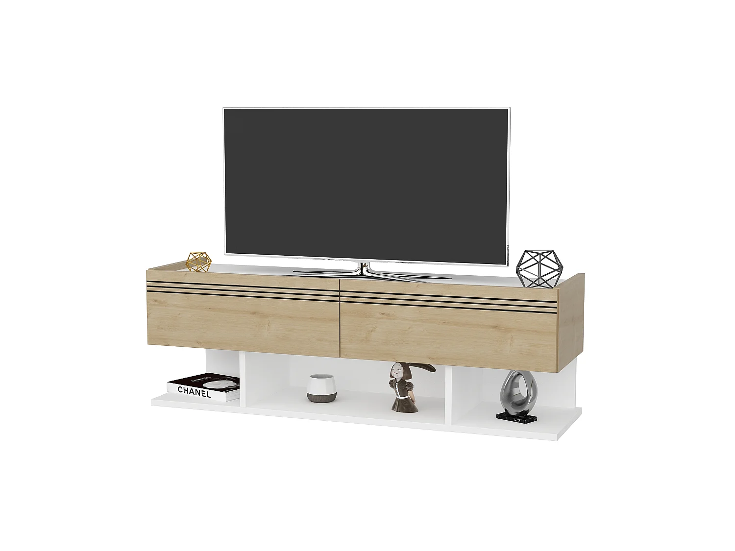 Meuble TV Kase de 120 cm - Armoires abattants (Blanc et Chêne)