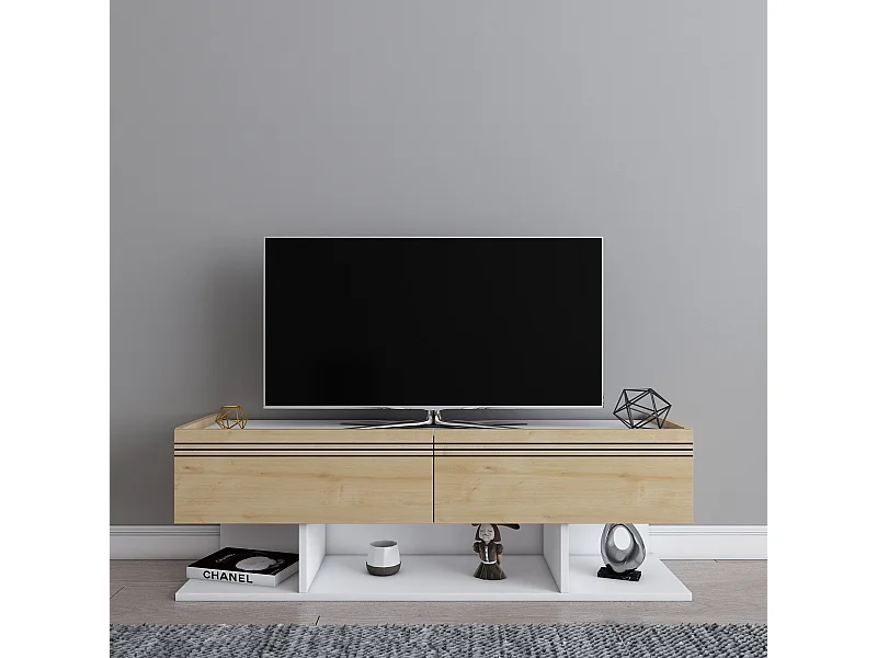 Meuble TV Kase de 120 cm - Armoires abattants (Blanc et Chêne)