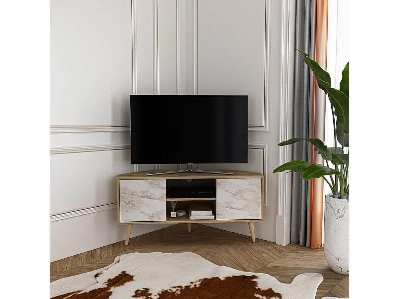 Meuble TV d'angle Lesson 120 cm 2 armoires et étagères ouvertes (Oud et Effet marbre blanc)