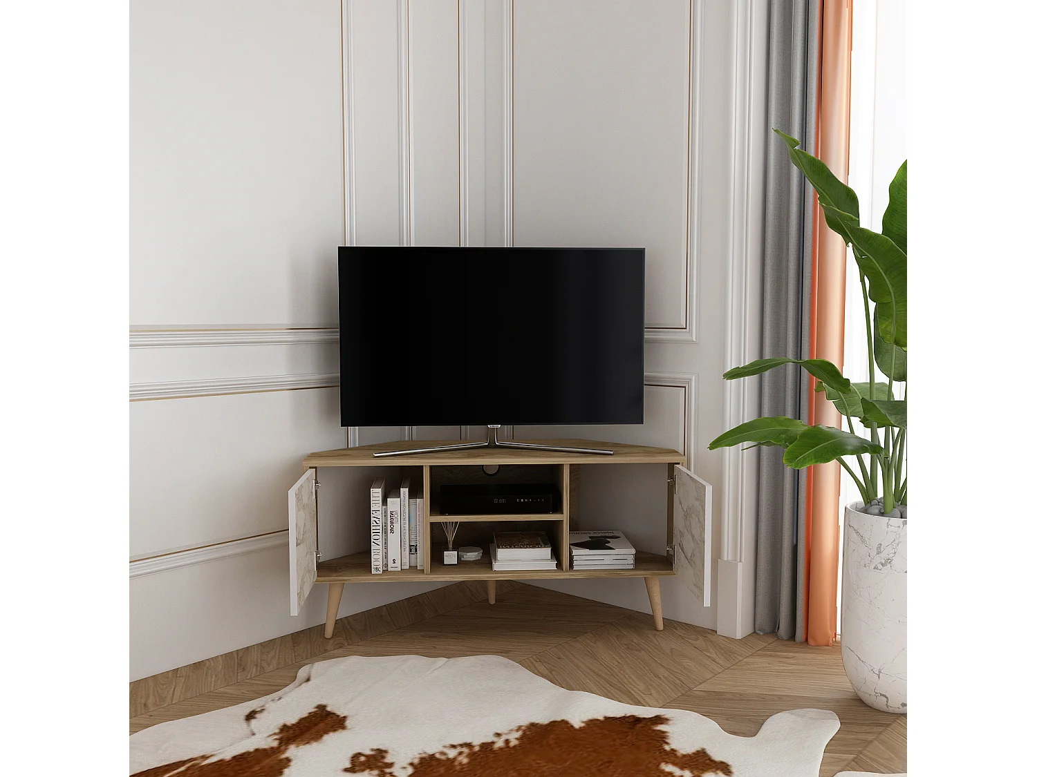 Meuble TV d'angle Lesson 120 cm 2 armoires et étagères ouvertes (Oud et Effet marbre blanc)