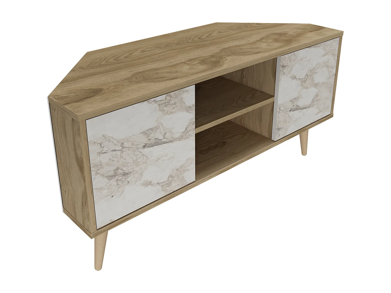 Meuble TV d'angle Lesson 120 cm 2 armoires et étagères ouvertes (Oud et Effet marbre blanc)