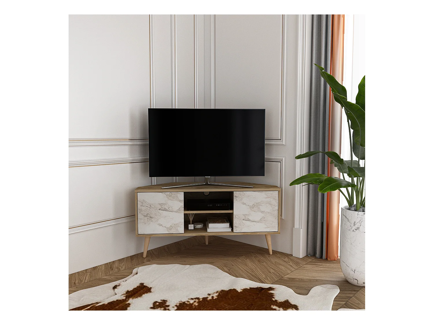 Meuble TV d'angle Lesson 120 cm 2 armoires et étagères ouvertes (Oud et Effet marbre blanc)