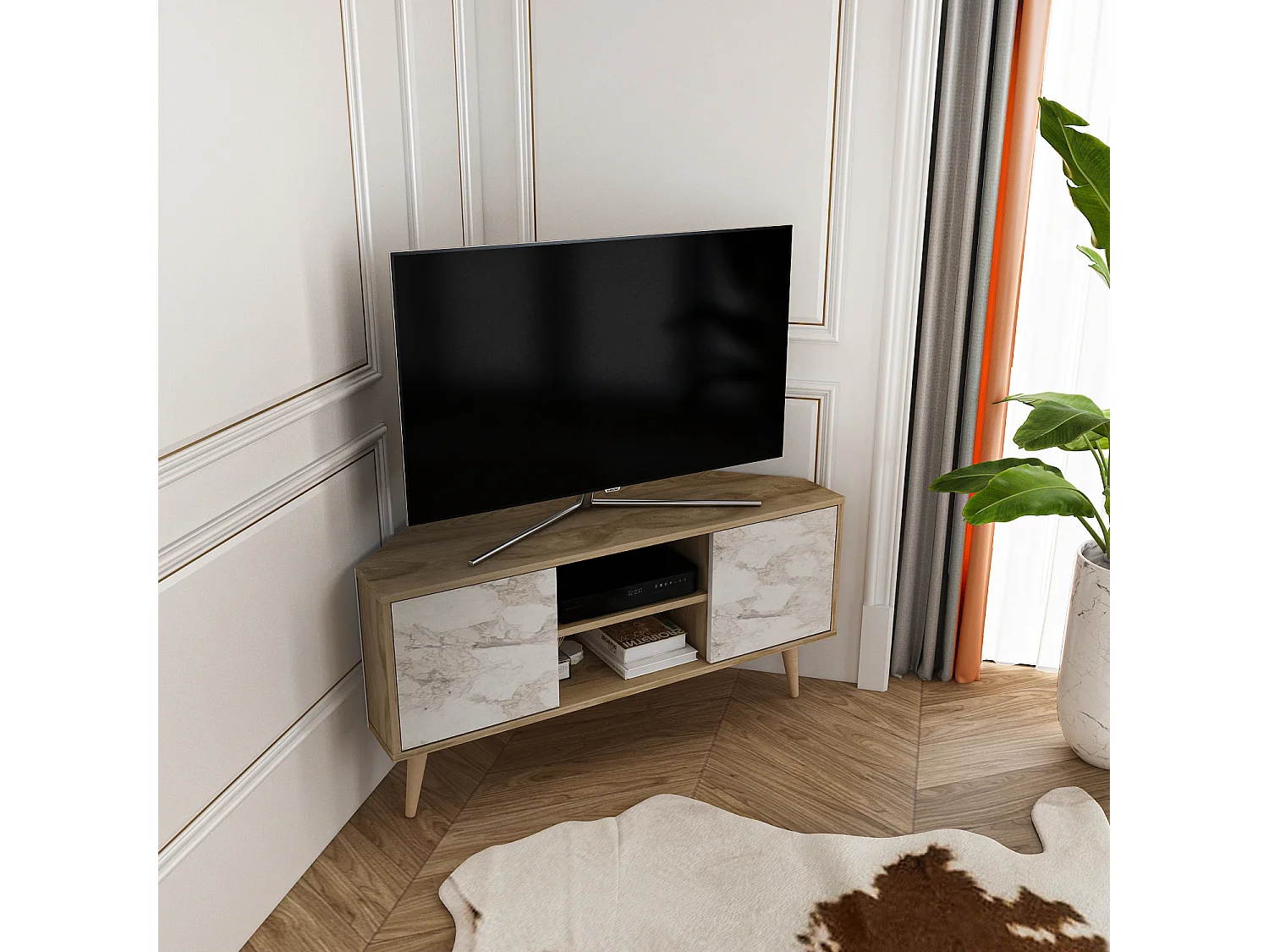 Meuble TV d'angle Lesson 120 cm 2 armoires et étagères ouvertes (Oud et Effet marbre blanc)