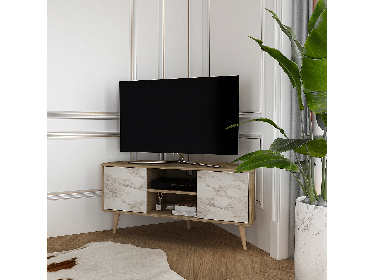 Meuble TV d'angle Lesson 120 cm 2 armoires et étagères ouvertes (Oud et Effet marbre blanc)