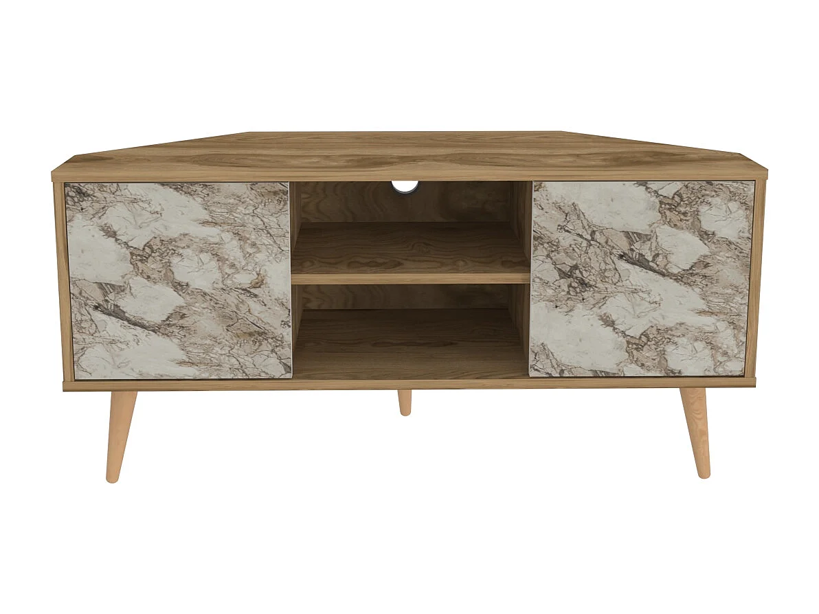 Meuble TV d'angle Lesson 120 cm 2 armoires et étagères ouvertes (Oud et Effet marbre blanc)