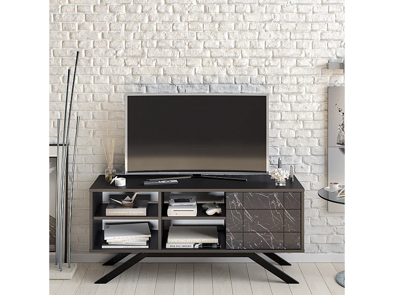 Meuble TV North 130 cm avec cabinet et étagès, pieds en métal (Noir et Effet marbre noir)
