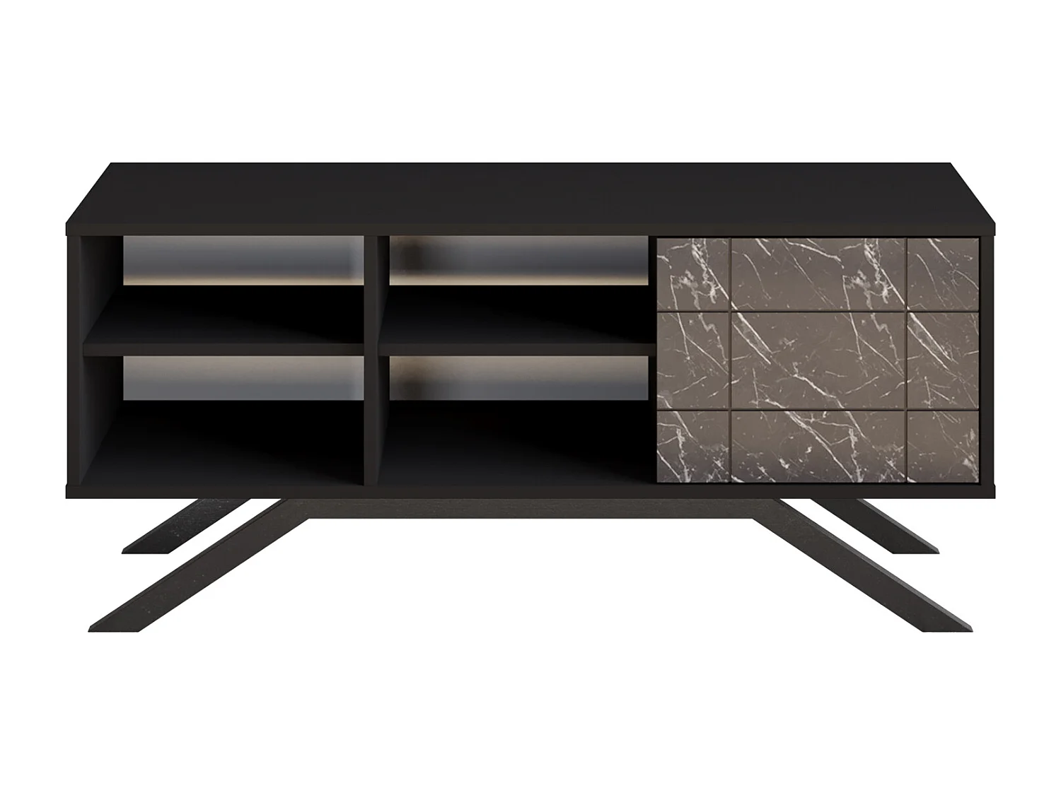 Meuble TV North 130 cm avec cabinet et étagès, pieds en métal (Noir et Effet marbre noir)