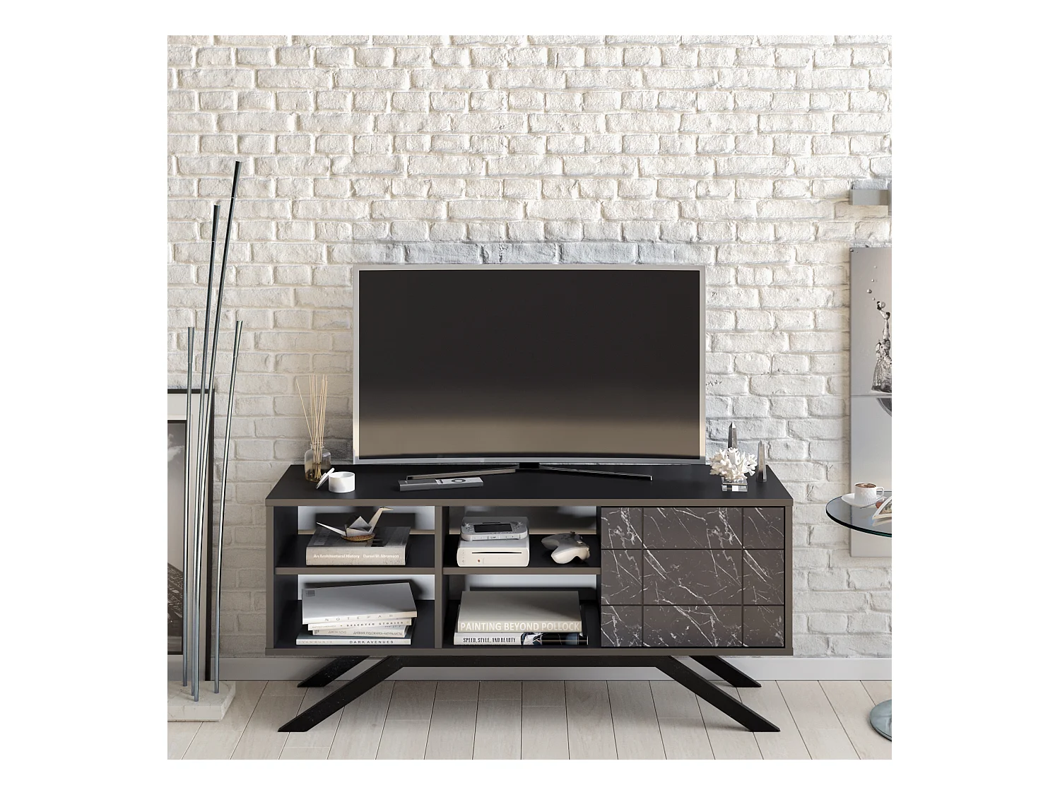 Meuble TV North 130 cm avec cabinet et étagès, pieds en métal (Noir et Effet marbre noir)