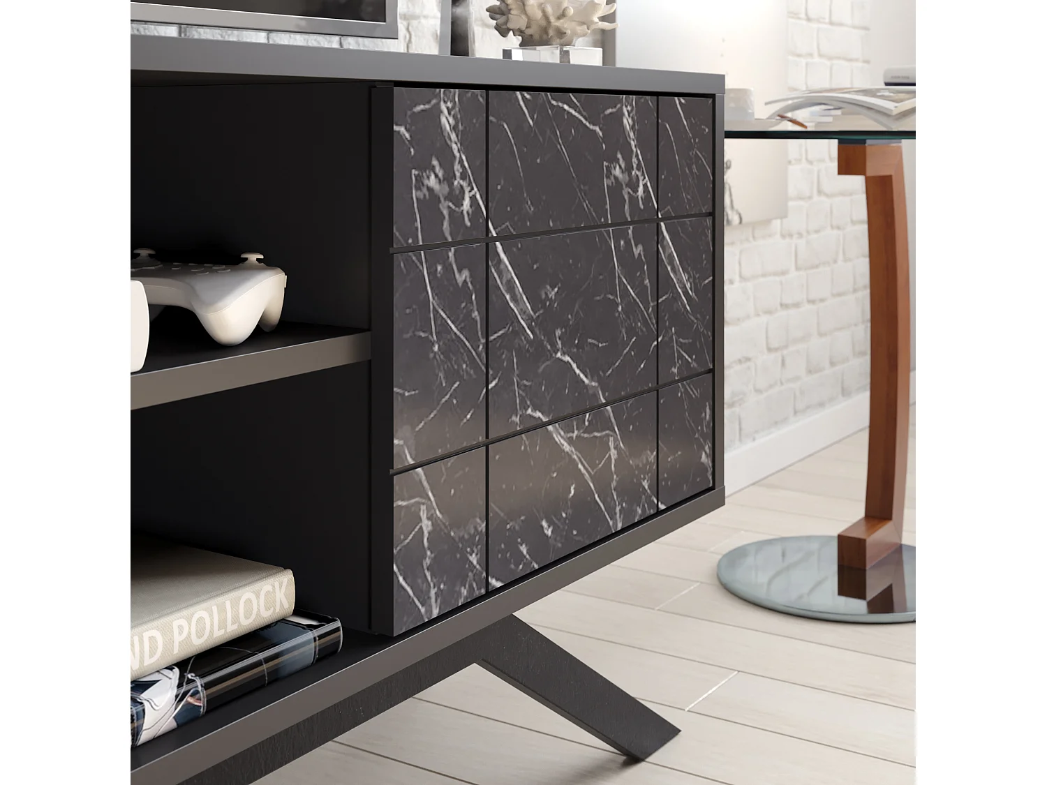 Meuble TV North 130 cm avec cabinet et étagès, pieds en métal (Noir et Effet marbre noir)