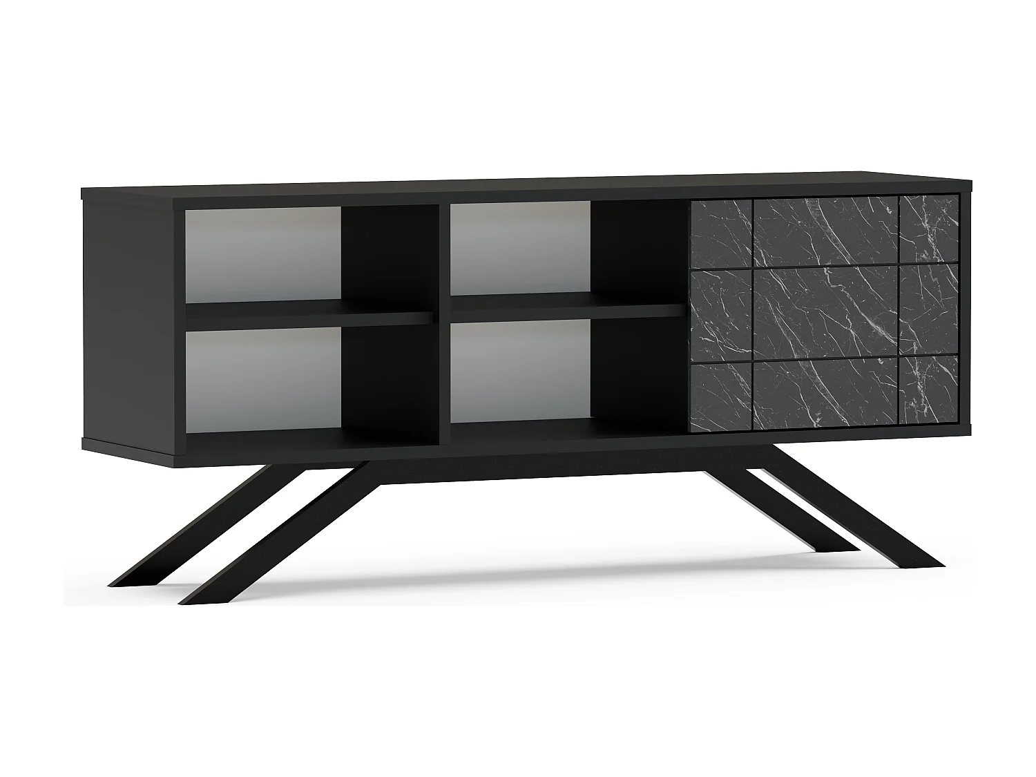 Meuble TV North 130 cm avec cabinet et étagès, pieds en métal (Noir et Effet marbre noir)