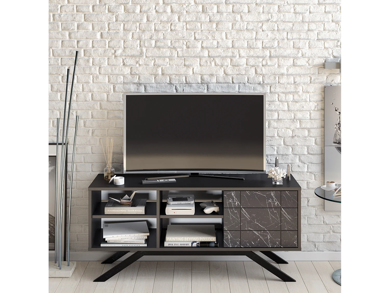 Meuble TV North 130 cm avec cabinet et étagès, pieds en métal (Noir et Effet marbre noir)