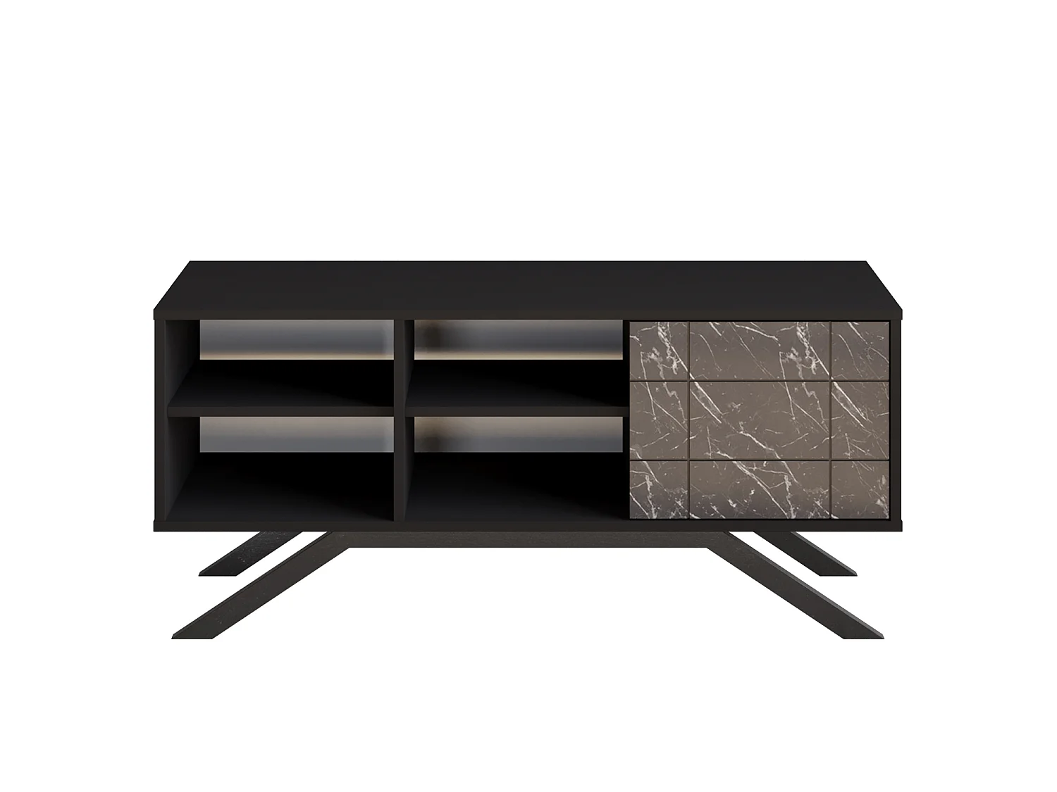 Meuble TV North 130 cm avec cabinet et étagès, pieds en métal (Noir et Effet marbre noir)