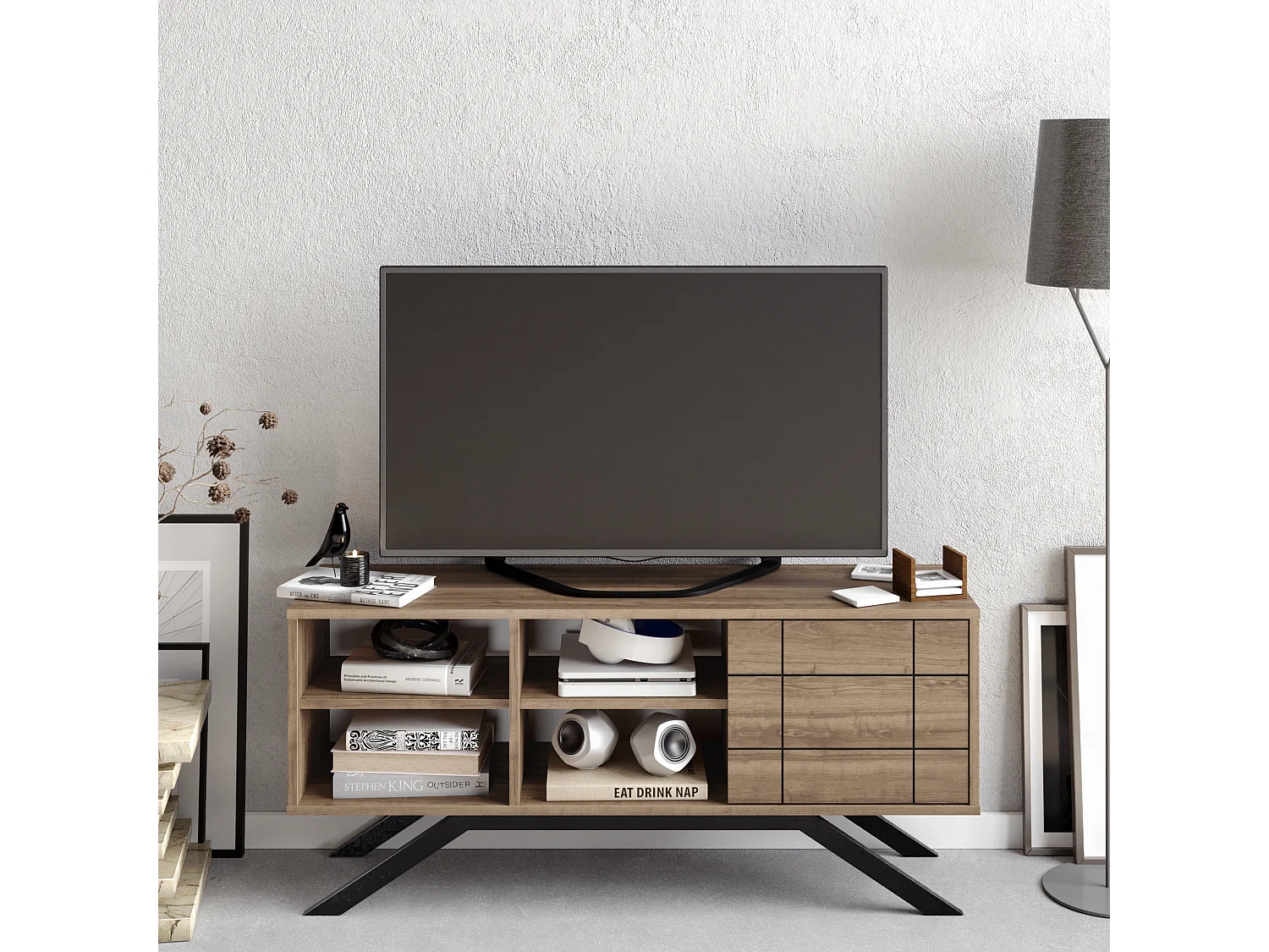 Meuble TV North 130 cm avec cabinet et étagès, pieds en métal (Noir et Noyer)