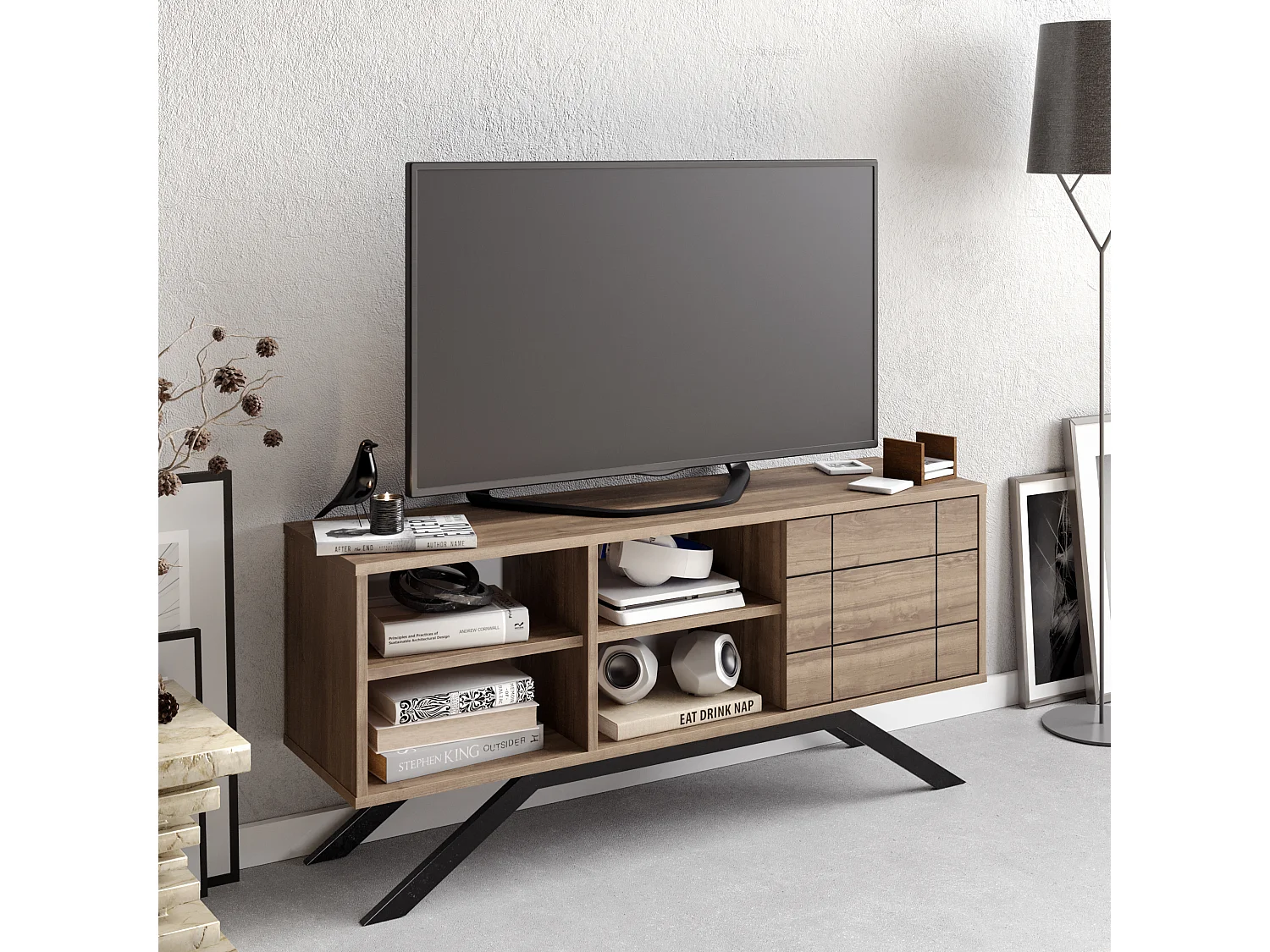 Meuble TV North 130 cm avec cabinet et étagès, pieds en métal (Noir et Noyer)