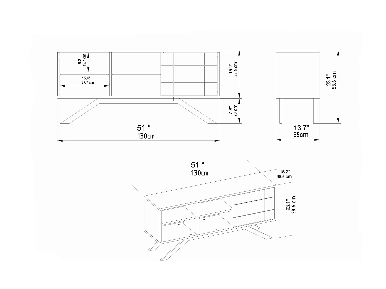 Meuble TV North 130 cm avec cabinet et étagès, pieds en métal (Noir et Noyer)