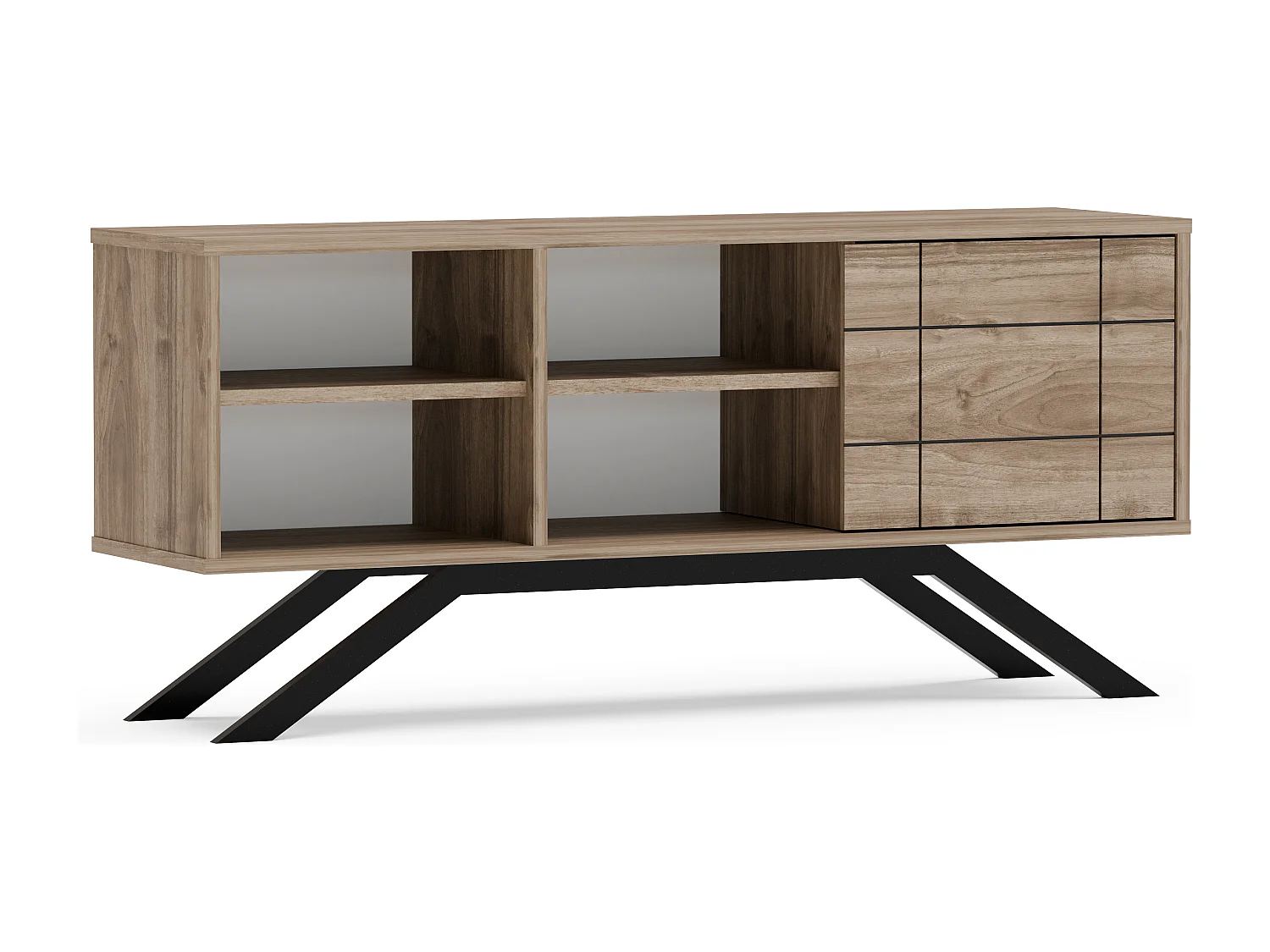 Meuble TV North 130 cm avec cabinet et étagès, pieds en métal (Noir et Noyer)