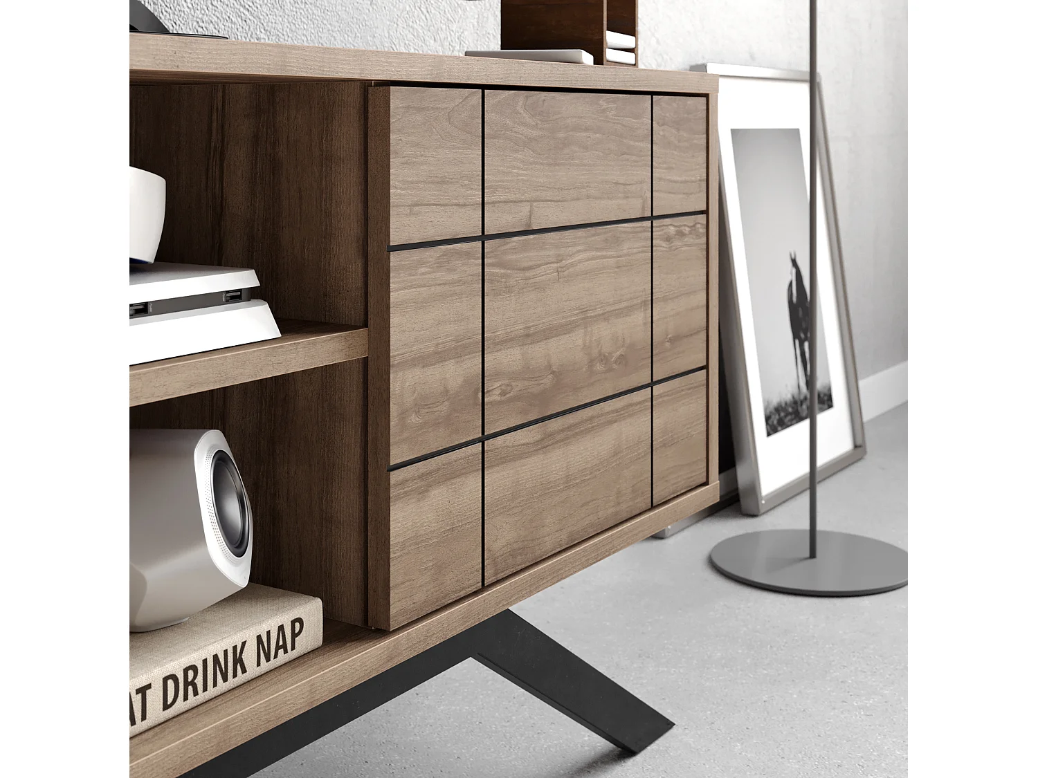 Meuble TV North 130 cm avec cabinet et étagès, pieds en métal (Noir et Noyer)