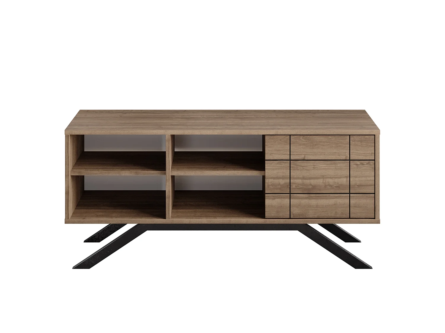 Meuble TV North 130 cm avec cabinet et étagès, pieds en métal (Noir et Noyer)