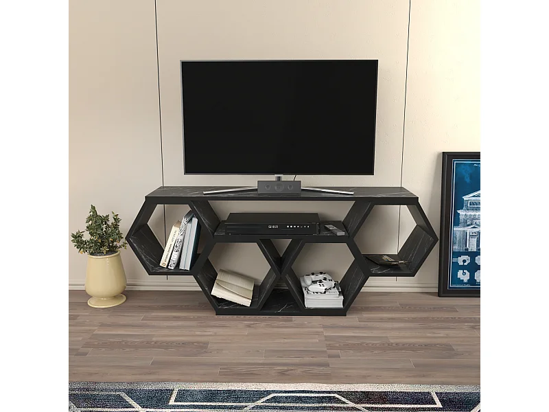 Meuble TV Bal compliments en forme de nid d'abeille, reversible (Effet marbre noir)