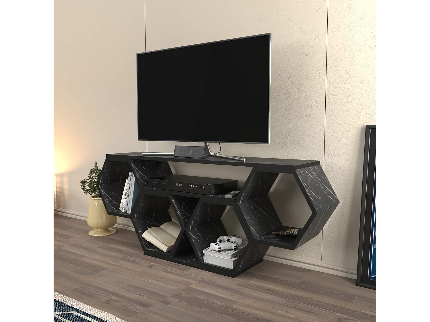 Meuble TV Bal compliments en forme de nid d'abeille, reversible (Effet marbre noir)