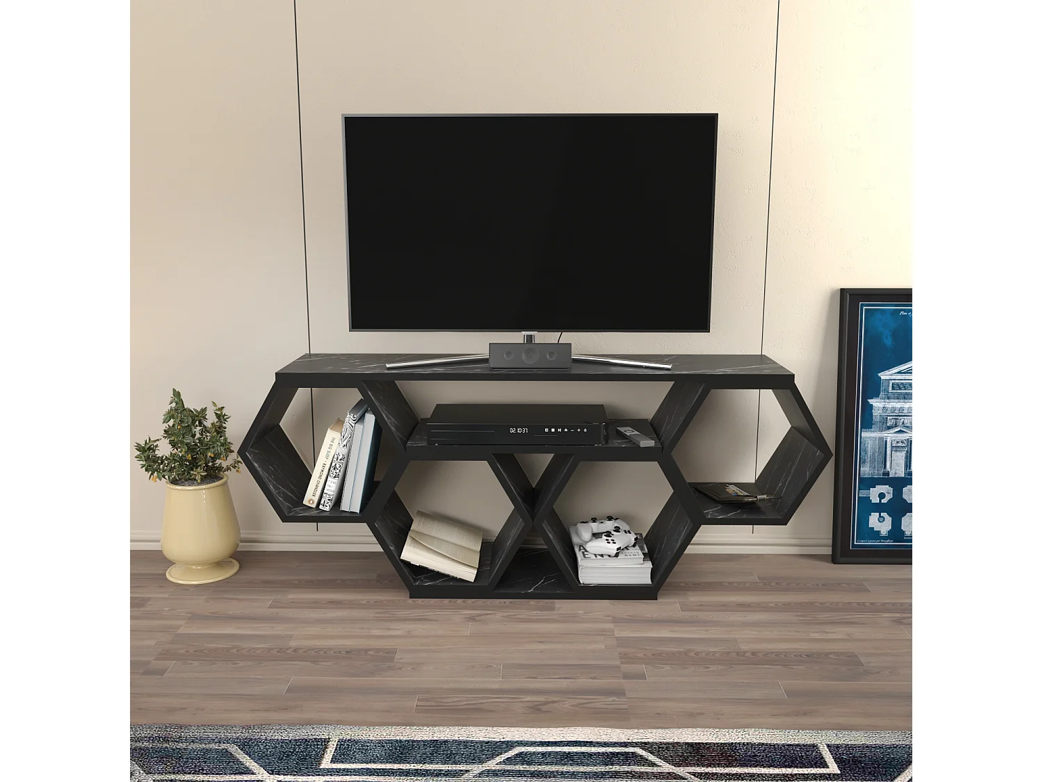 Meuble TV Bal compliments en forme de nid d'abeille, reversible (Effet marbre noir)